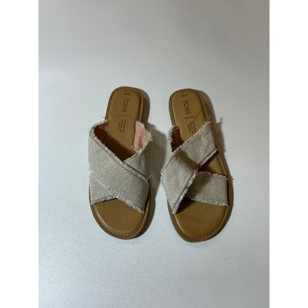 TOMS Viv Sandals Women's Size 7.5 Beige Canvas Frayed Crisscross Slide